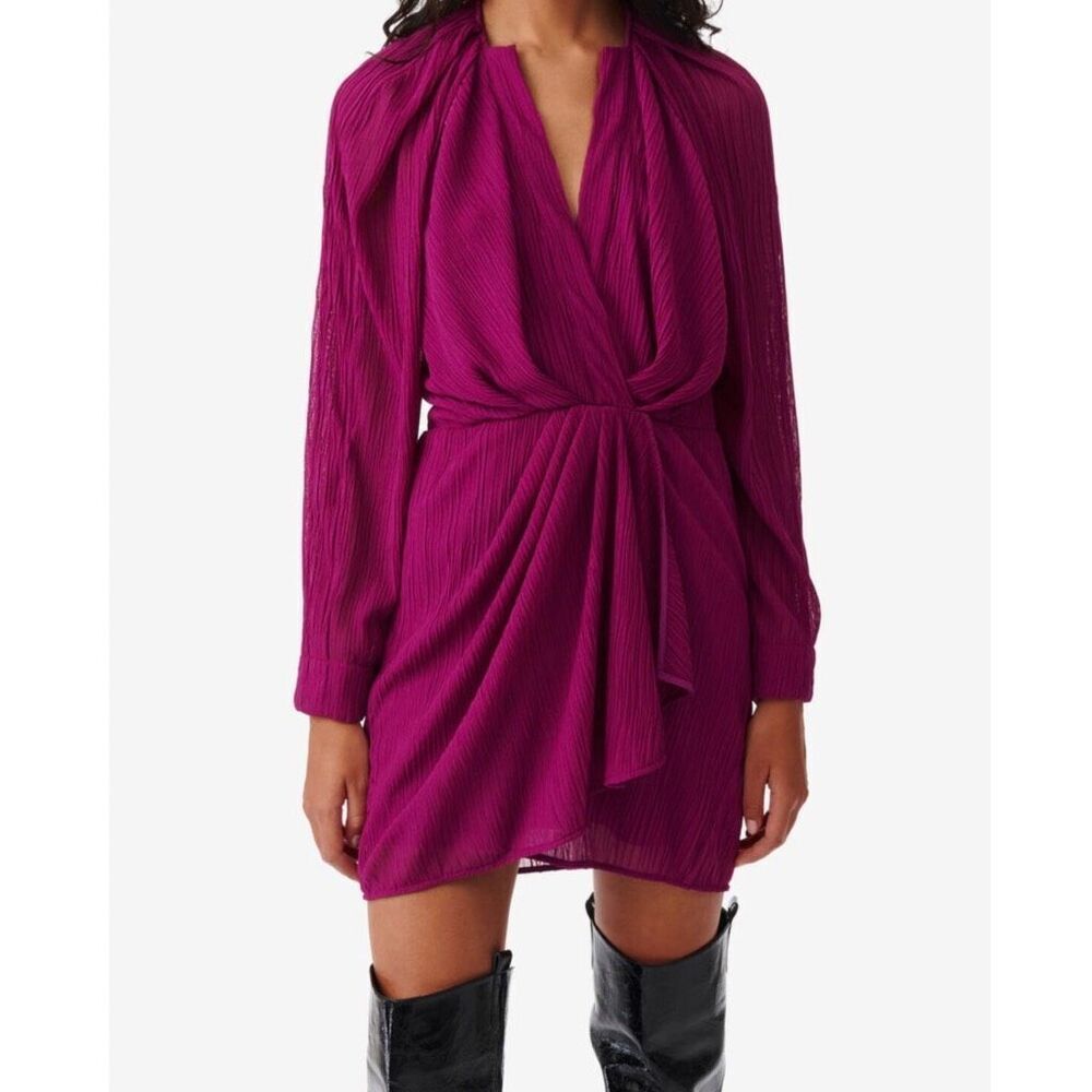 NWT Iro Paris Alvina Wrap Effect Plisse Tulle Mini Dress Magenta Fuchsia 38 US 6